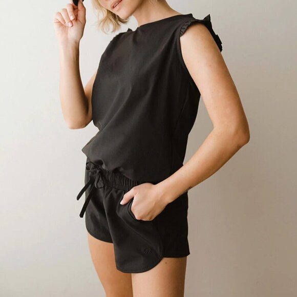ALBION BLACK RUFFLE NYLON ELASTIC WAIST ROMPER - M - Picture 1 of 9